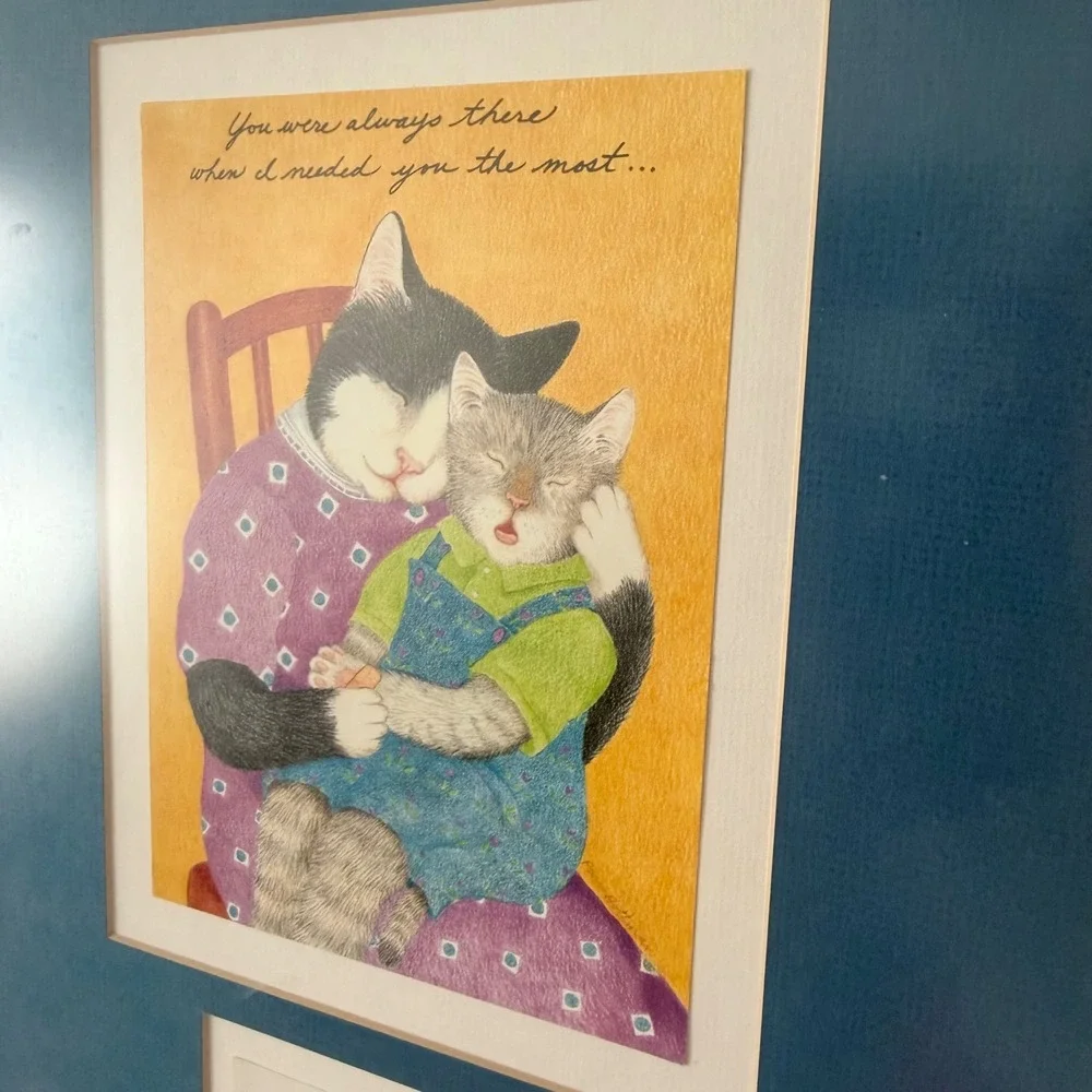 Paris Bottman Signed Framed Folk Art Print Cat Mother Holding A Kitten